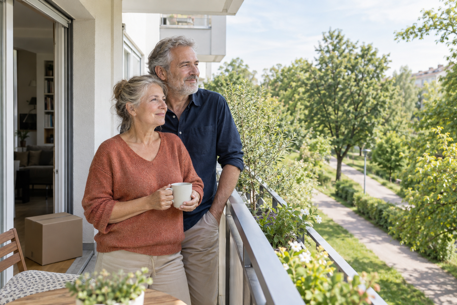 Älteres Ehepaar blickt vom Balkon einer Wohnung in eine ruhige Wohngegend